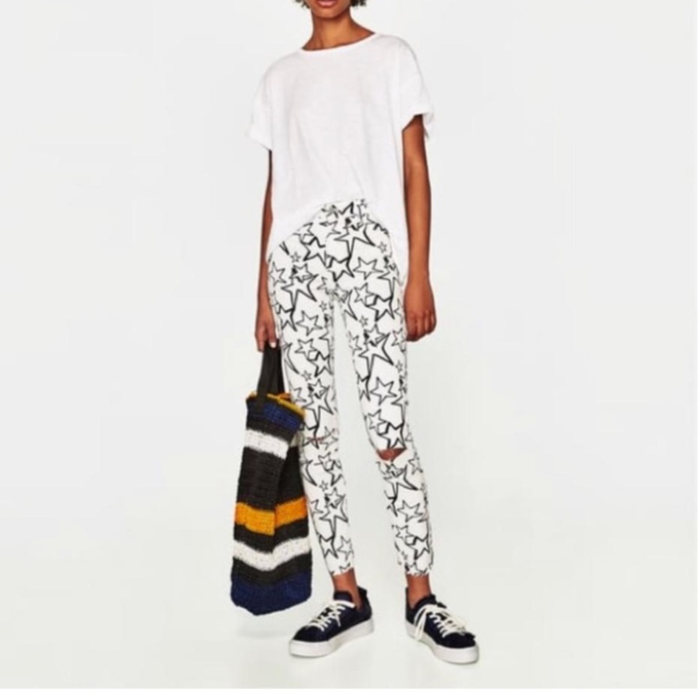 Zara White Star Print Skinny Pants